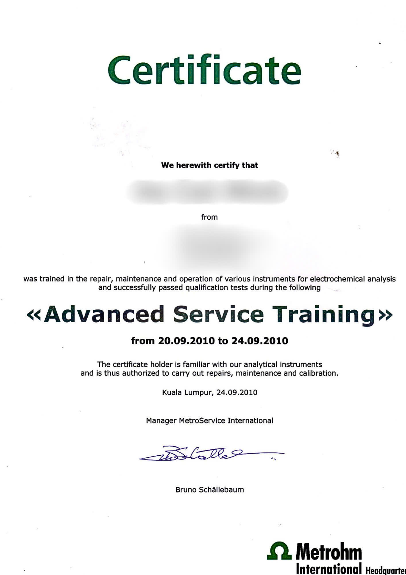 metrohm certificate